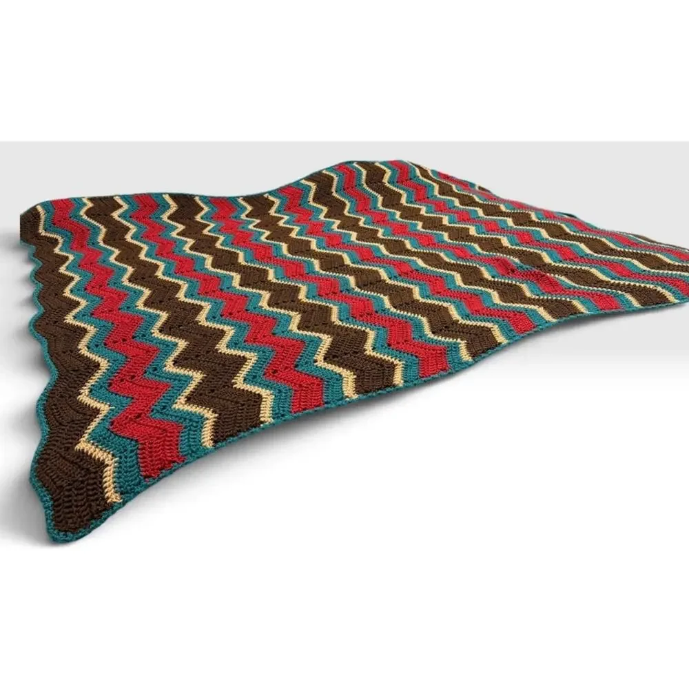 Handmade Crochet Vibrant Autumn Afghan Blanket Brown Teal Red Oversized 78 x 60